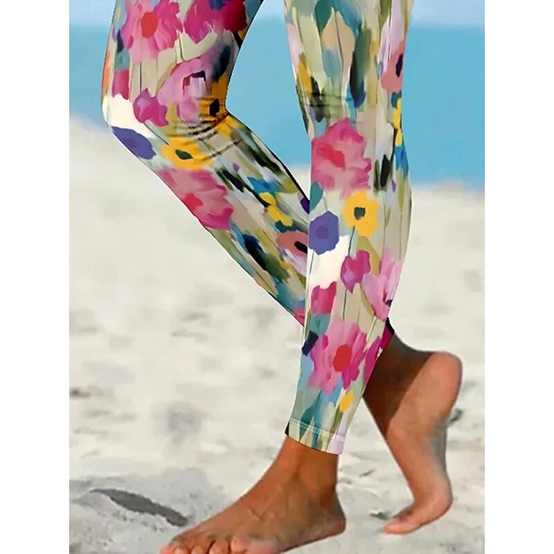 Women's Leggings Vacation Vintage Ethnic Style Ankle-Length High Waist Floral Graphic 3D Print Soft Comfortable Stretchy Outdoor Home Causal Rose Pink Spring Fall Slim Fit3