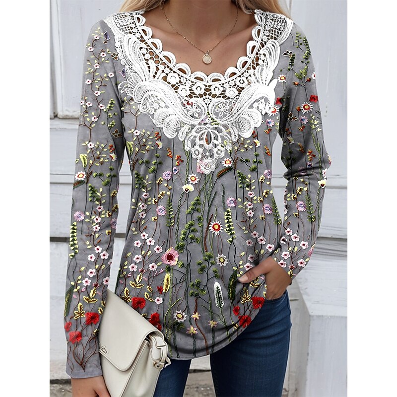 Women's Blouse Tunic Lace Splicing V Neck Long Sleeve T Floral Graphic Plants Casual Crew Neck Regular Tops Daily Lace Eyelet Dusty Blue off-white Gray Spring Fall