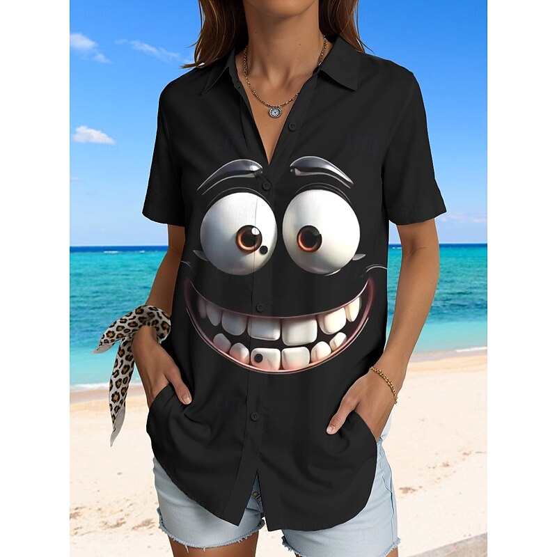 Women's Shirt Long Sleeve Button Down Blouse Graphic 3D Vintage Tropical Daily Short Sleeve Shirt Collar Regular Tops Daily Black Blue Green Rose Pink Summer Spring