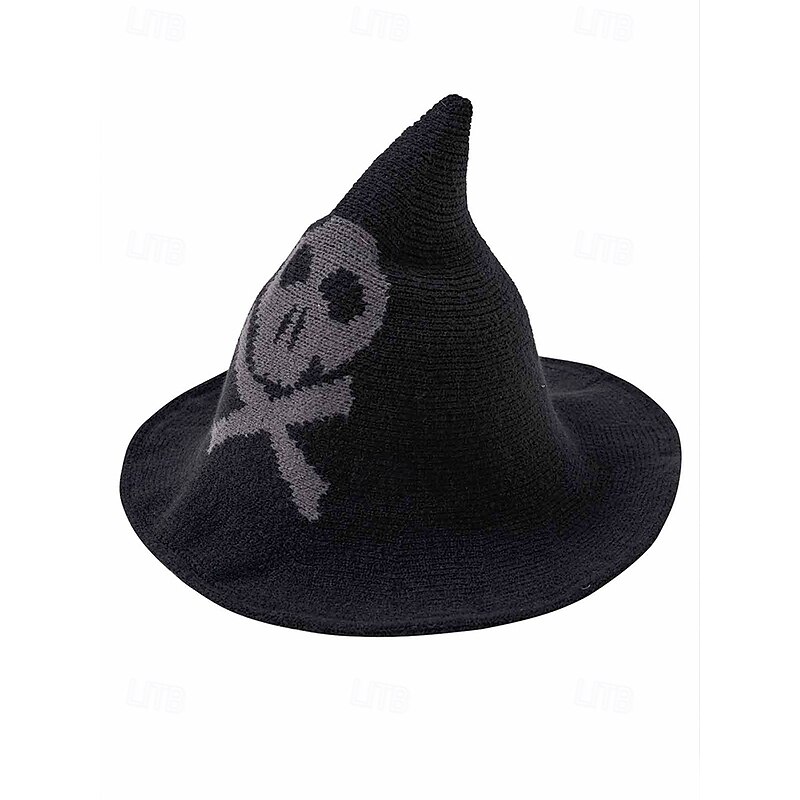 Women's Wool Blend Witch Hat with Skull Pattern – Gothic Halloween Pointed Brim Hat for Costume Parties and Cosplay4