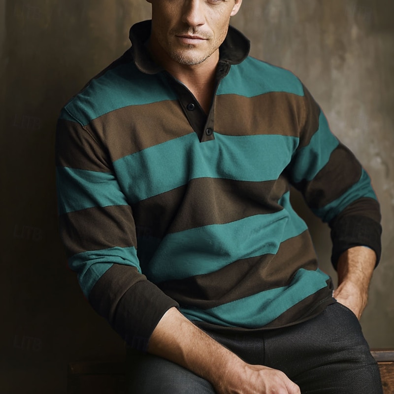 Men's Horizontal Stripes Rugby Polo Long Sleeve Polo Shirts Collared Shirts Sportswear Casual School Outdoor Athleisure 3D Print Spring Fall Winter Red Blue Purple2
