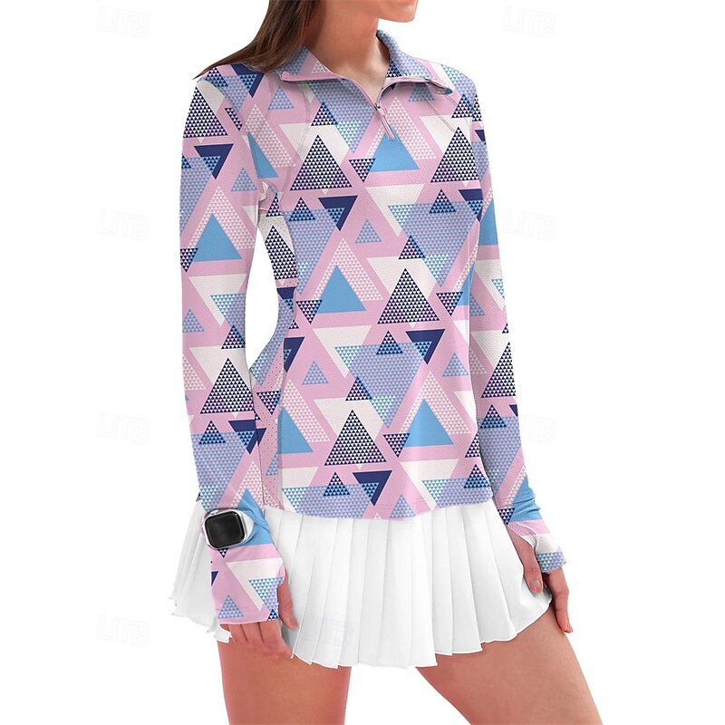 Women's Geometric Golf Polo Shirt Tennis Shirt Long Sleeve Print Quarter Zip Pullover UV Protection Elastic Breathable Tennis Golf Pickleball Zip Collar Shirt Polo Pink Blue Tennis Clothing2