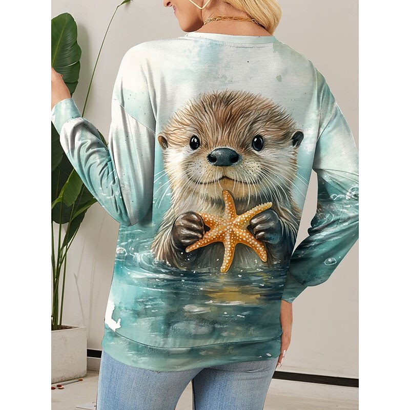 Women's Sweatshirts Graphic Animal Casual Long Sleeve Crew Neck Regular Tops Street Dailywear Print Blue Brown Green Fall Winter2