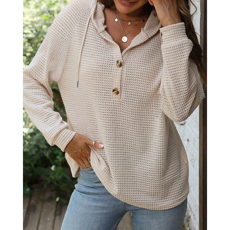 Women's Sweater Casual Solid Color Ribbed Hooded Buttons Knitted Long Sleeve Regular Tops Knit Daily Going out Weekend Black White Fall4