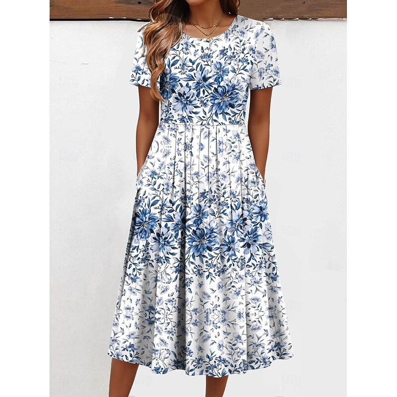 Women's Midi Dress T Shirt Dress Tee Dress Sundress A Line Dress Summer Dress Vacation Casual Beach Daily Going out Summer Dress Regular Fit Ombre Floral Graphic Short Sleeve Crew Neck White Dark3