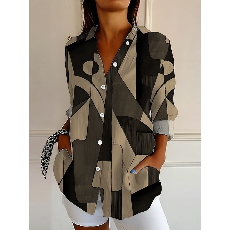 Women's Shirt Button Down Tunic Shirt Collar Long Sleeve Graphic Geometric Abstract Vintage Daily Stylish Regular Tops Work Daily Holiday s Print Black And White Pink Blue Purple Green Spring Fall4