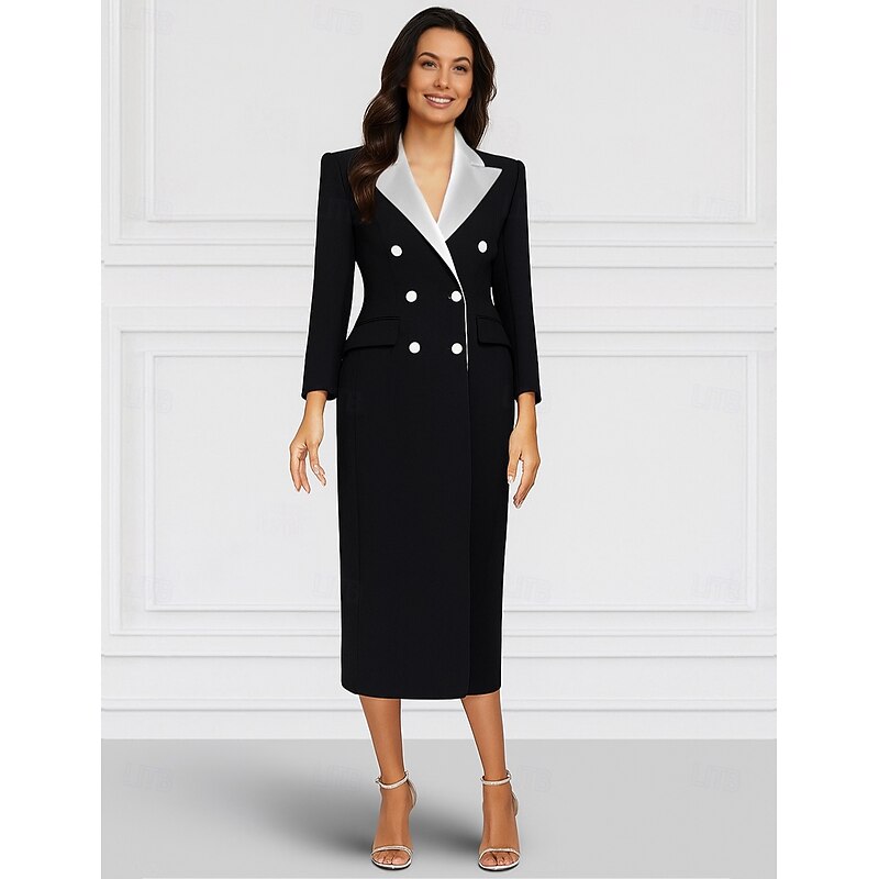 Tuxedo Dress Sheath / Column Formal Stretch Crepe Elegant Long Sleeve Tea Length Peak Lapel