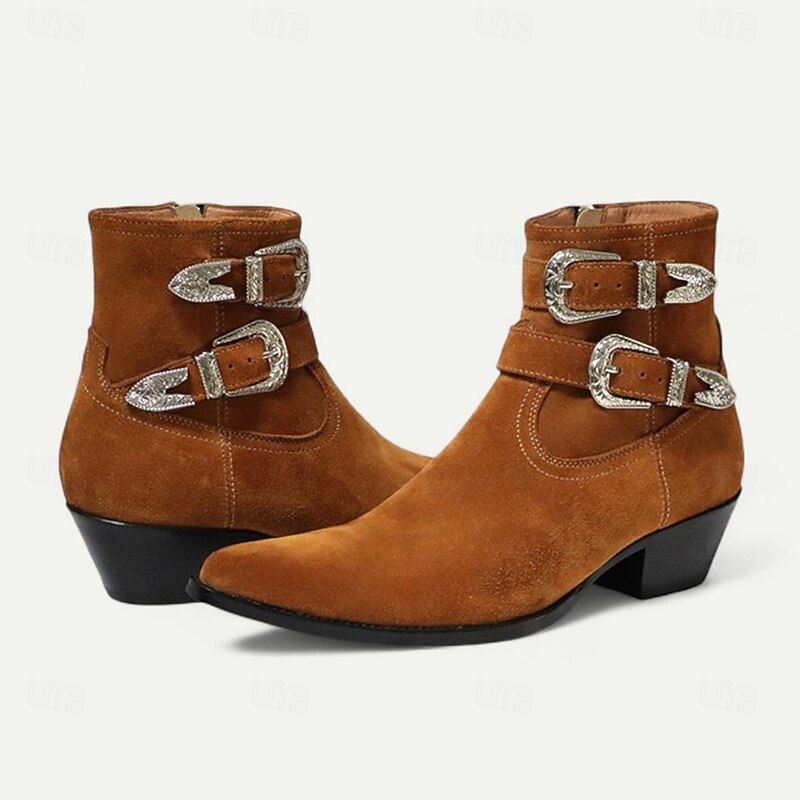 Men's Suede Leather Buckle Ankle Boots – Western Cowboy Style Retro Dress Boots for Fall Outfits & Daily Wear3