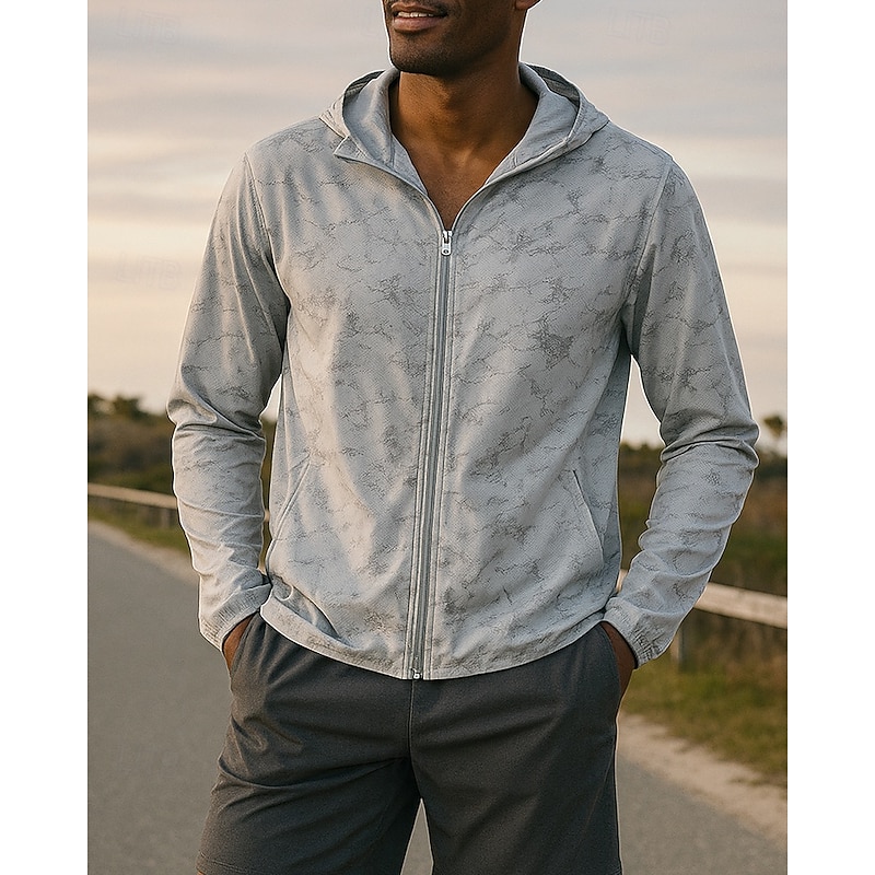 Men's Running Jacket Outdoor Jacket Hooded Jacket Long Sleeve Top Athleisure Fall Graphic Sun Protection Breathable Gym Outdoor Running Sportswear Activewear White Coffee Grey