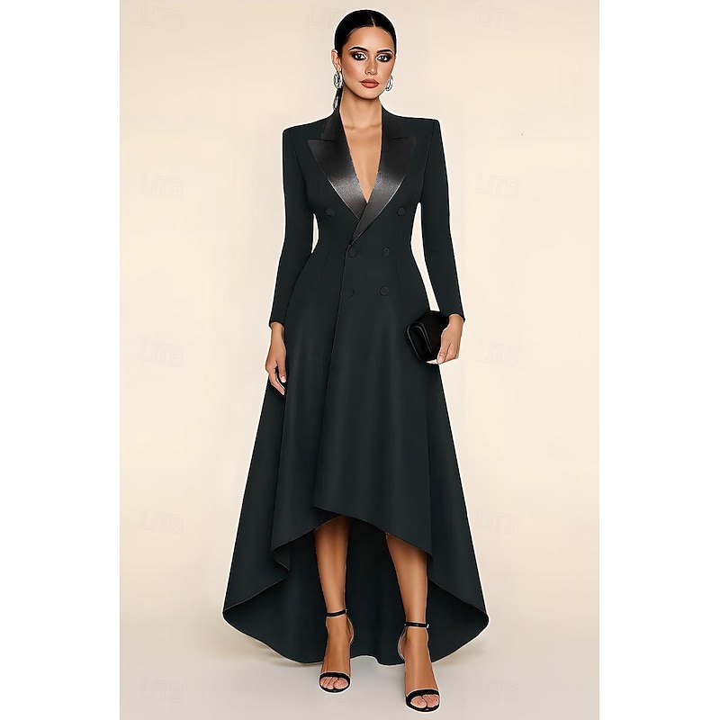 Tuxedo Dress A-Line High-low Dress Satin Elegant Simple Long Sleeve Floor Length Peak Lapel Double Breasted