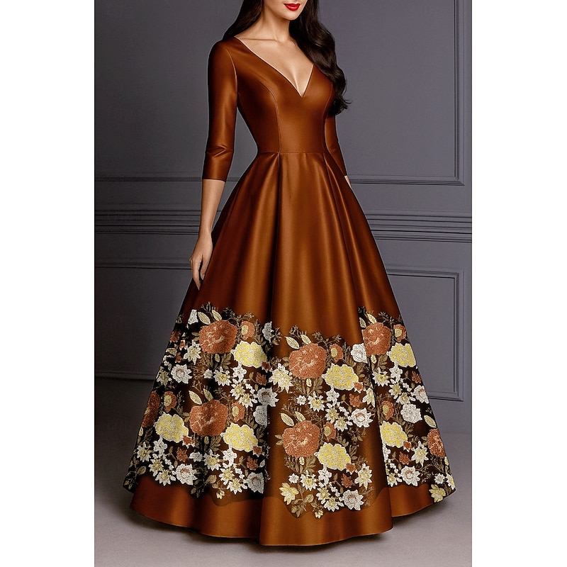 A-Line Evening Gown Sequined Elegant Dress Formal Wedding Guest Floor Length Long Sleeve Crew Neck Stretch Satin with Glitter