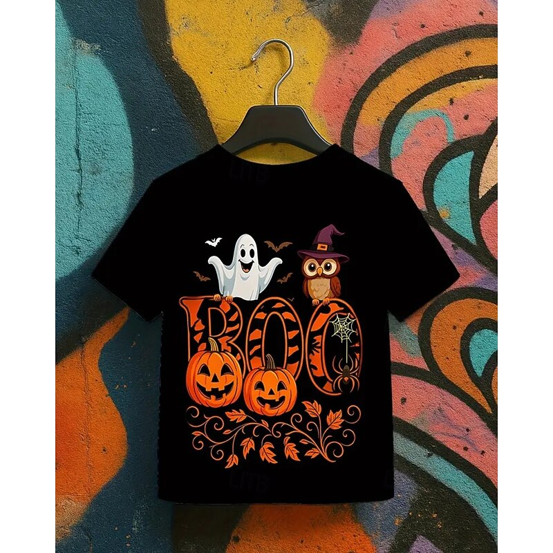 Boys Halloween Fun T-Shirt  BOO! Playful Graphic Tee 3D Pumpkin Ghost T shirt Tee Short Sleeve Summer Spring Fashion Basic Kids 4-12 Years Crew Neck Outdoor Casual Daily Regular Fit3