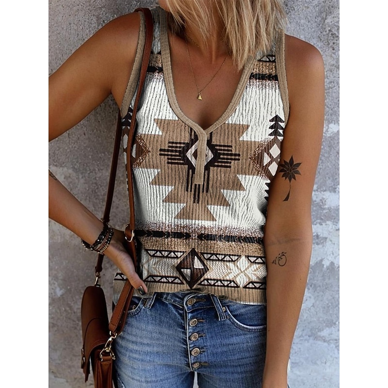 Women's Camisole Tank Top Graphic Geometric Vintage Stylish Ethnic Sleeveless V Neck Regular Tops Daily Print Sage Green Light Brown Orange Green Khaki Summer Spring4