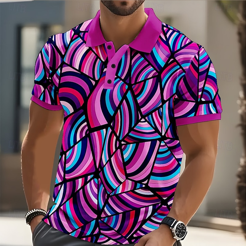 Men's Abstract Geometic Polo Short Sleeve Polo Shirts Collared Shirts Casual Street Athleisure Daily Wear 3D Print Buttons Summer Red Purple Green2