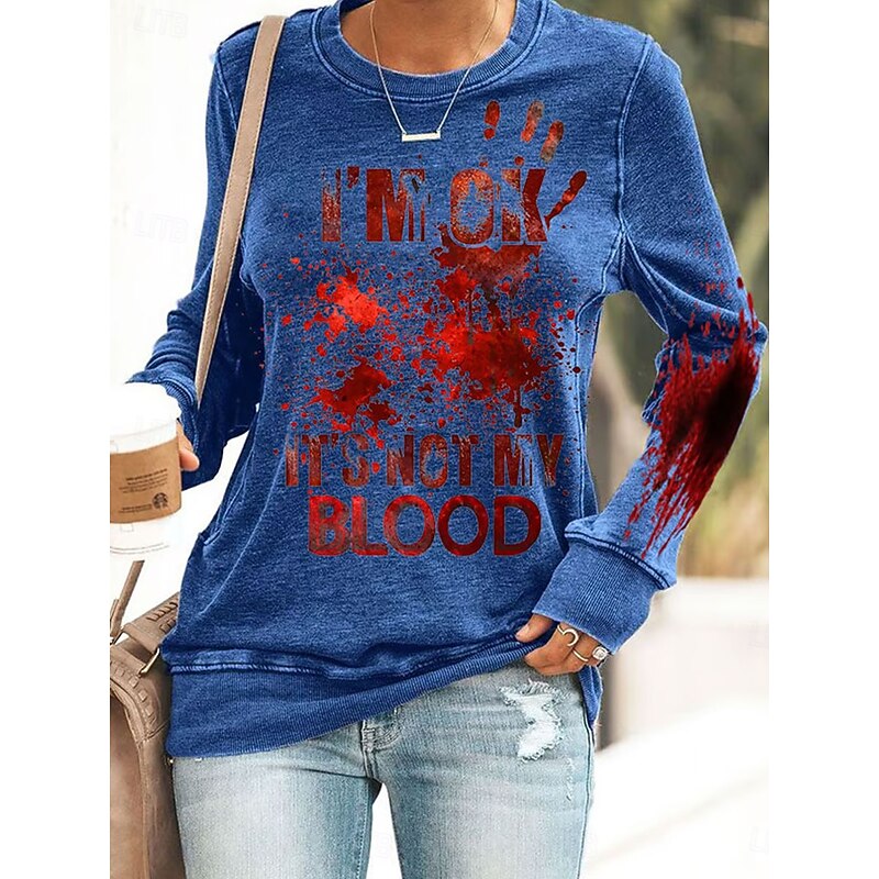 Halloween Women's Pullover Sweatshirt Bloodstain Graphic Casual Long Sleeve Crew Neck Round Neck Regular Tops Street Casual Holiday Print White Pink Blue Orange Gray Spring Fall Winter3