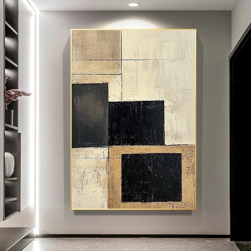 Handmade hand Painted Geometric Oil Painting Abstract Rectangles Modern Minimalist Art Textured Canvas Beige Taupe Charcoal Black Blocks Neutral Tones Contemporary Home Decor Wall Art Living Room3