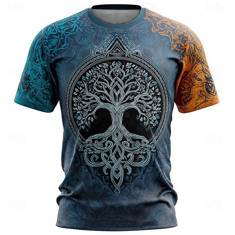 Men's 3D Celtics Tree Of Life T Shirt Short Sleeve T shirt 3D Print Crew Neck Shirt Viking Designer Party Street Casual Yellow Blue Brown Summer Spring Clothing Apparel S M L XL XXL XXXL