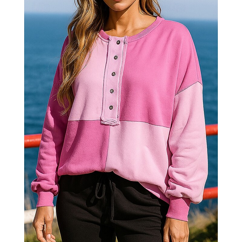 Women's Pullover Sweatshirt Casual Tops Buttons Long Sleeve Top Athleisure Fall Color Block Breathable Outdoor Jogging Running Sportswear Activewear Black Pink Blue3
