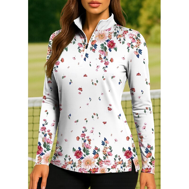 Women's Floral Golf Polo Shirt Tennis Shirt Tennis Sweatshirt Long Sleeve Print Quarter Zip Pullover UV Protection Elastic Breathable Tennis Golf Pickleball Stand Collar Zip Collar Shirt Polo Pink3