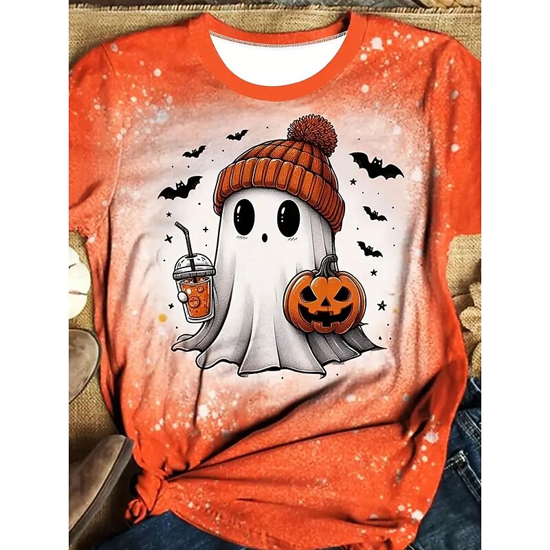 Halloween Women's T shirt Ghost Graphic Pumpkin Vintage Stylish Classic Short Sleeve Crew Neck Round Neck Regular Tops Daily Weekend Print Orange Summer Fall3