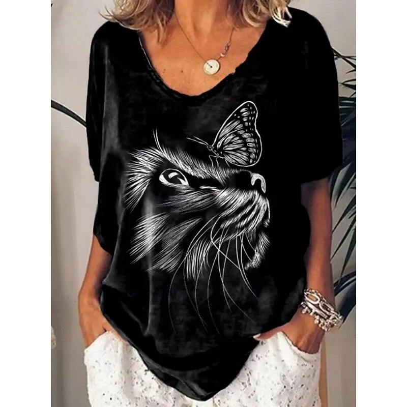 Halloween Women's T shirt Black Cat Cat Vintage Casual Short Sleeve V Neck Regular Tops Daily Weekend Print Black White Orange Green Summer3