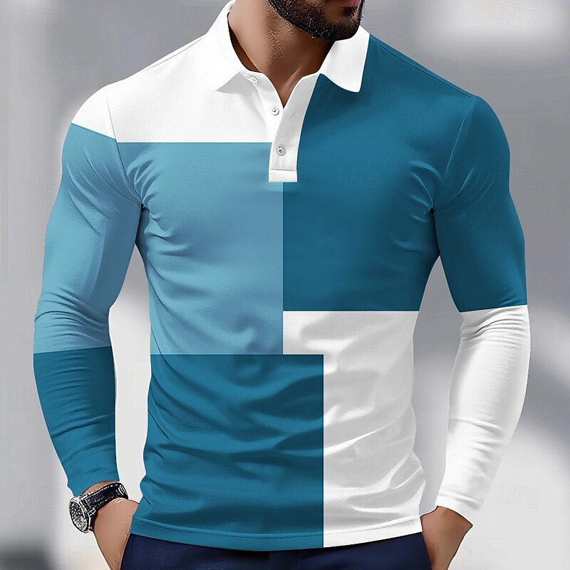 Men's Color Block Polo Long Sleeve Polo Shirts Collared Shirts Business Casual Athleisure Daily Wear 3D Print Spring Fall Red Blue Brown