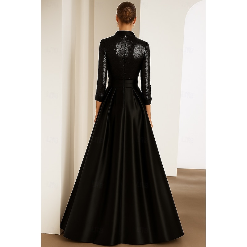 Black Tie Mother of the Bride A-Line Evening Gown Elegant Dress Formal Wedding Floor Length Long Sleeve Shirt Collar Capes Satin with Glitter Pleats3
