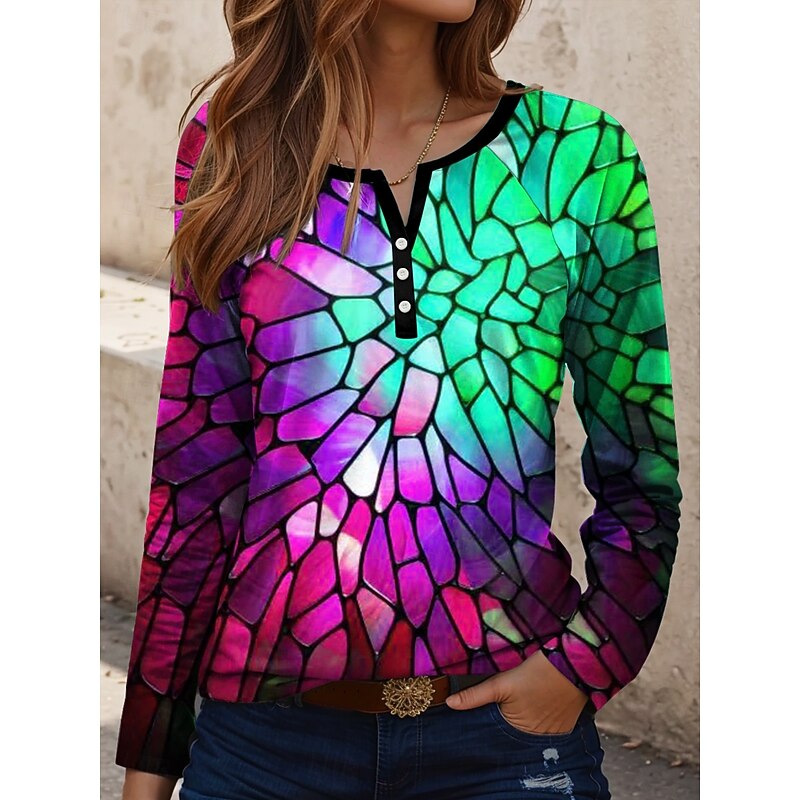 Women's T Shirt Geometric Vintage Stylish Casual Long Sleeve Crew Neck Regular Tops Daily Print Yellow Blue Orange Green Spring Fall2