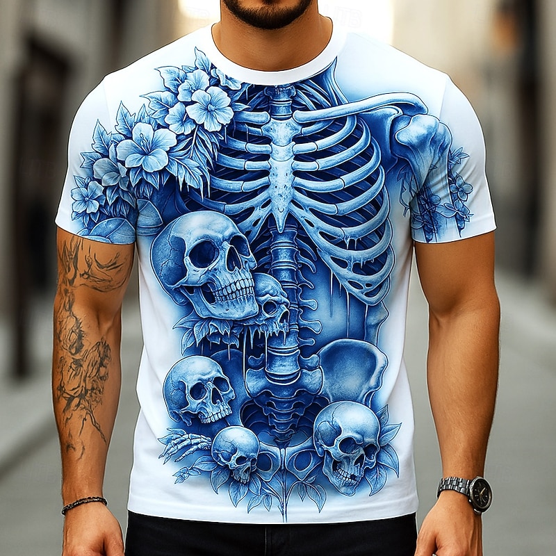 Halloween Men's Optical Illusion 3D Skeleton T Shirt Short Sleeve T shirt 3D Print Crew Neck Shirt Exaggerated Designer Horror Party Street Casual White Yellow Blue Summer Spring All Seasons Clothing4