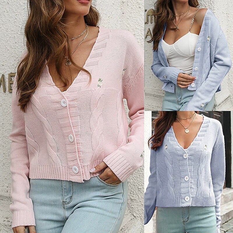 Women's Cardigan Casual Solid Color Chunky V Neck Knitted Long Sleeve Regular Tops Knit Daily Holiday Going out Pink Purple Fall Winter