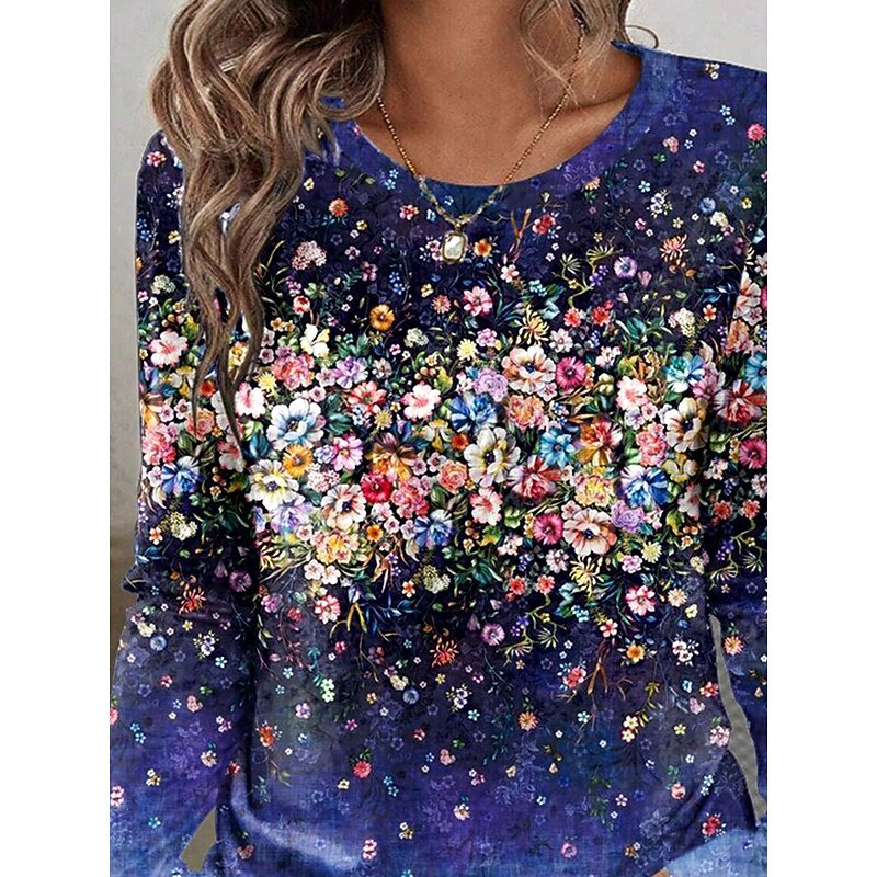 Women's T shirt Crew Neck Long Sleeve Tunic Floral Graphic Plants Vintage Stylish Classic  Round Neck Regular Tops Daily Print Navy Blue Fall2