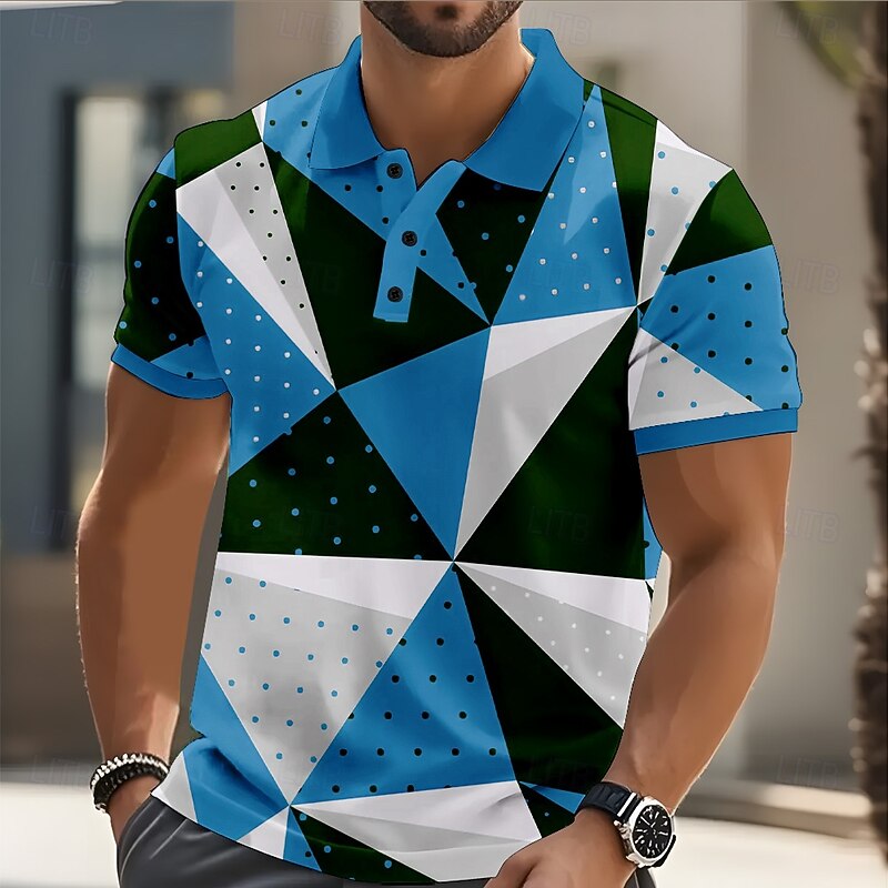 Men's Geometric Pattern Abstract Polo Short Sleeve Polo Shirts Collared Shirts Casual Street Athleisure Daily Wear Buttons Summer Red Blue Green3