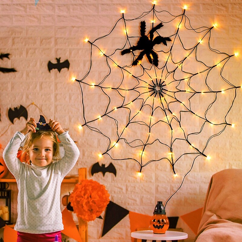 1 Pc diameter 1M 70 LED Beads Halloween with spider festival web light purple orange warm light Usb battery box power supply remote control indoor and outdoor party Halloween atmosphere decoration lig