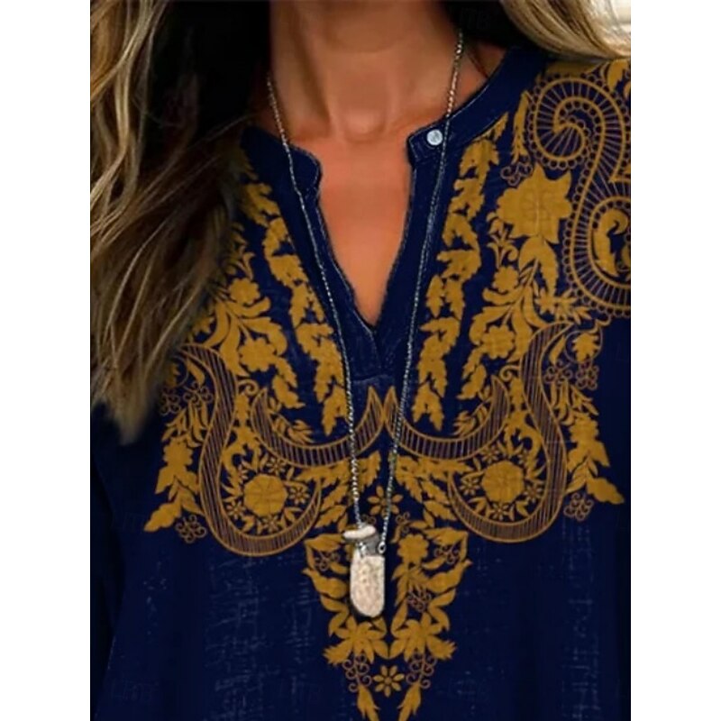 Women's Shirt Floral Vintage Casual Long Sleeve V Neck Regular Tops Daily Holiday Buttons Print Navy Blue Spring Fall3