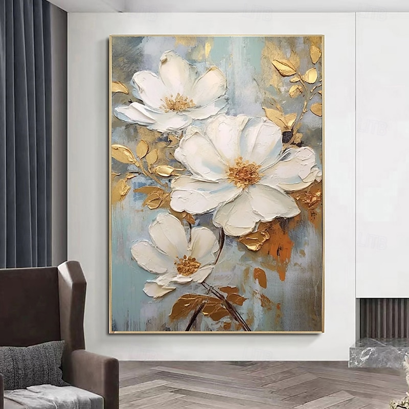 Handmade Oil Painting Canvas Wall Art Decoration Abstract Golden Leaves Big White Flowers for Home Decor Stretched Frame Hanging Painting/Rolled Frameless Unstretched Painting