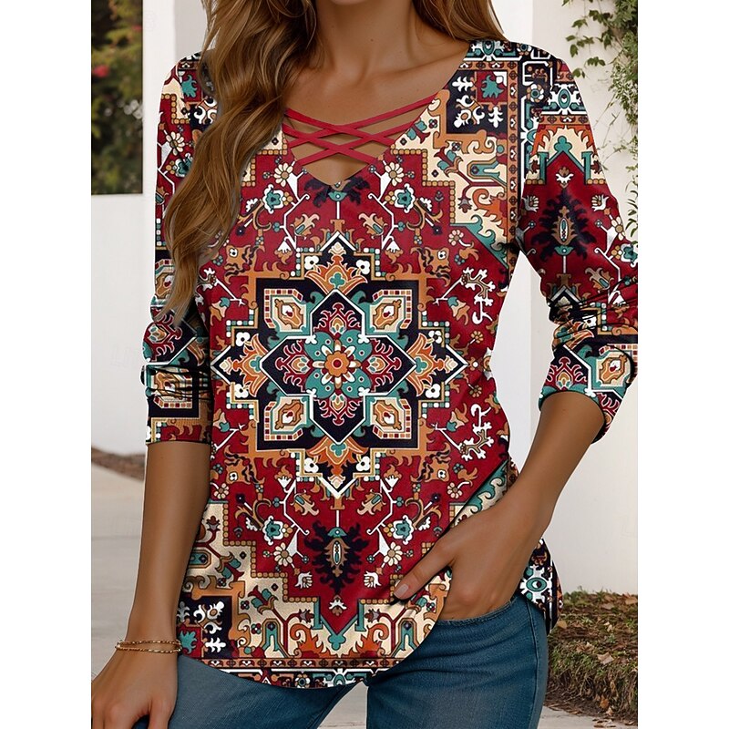 Women's T Shirt Graphic Geometric Vintage Stylish Modern Long Sleeve V Neck Regular Tops Daily Cut Out Print Red Blue Purple Spring Fall3