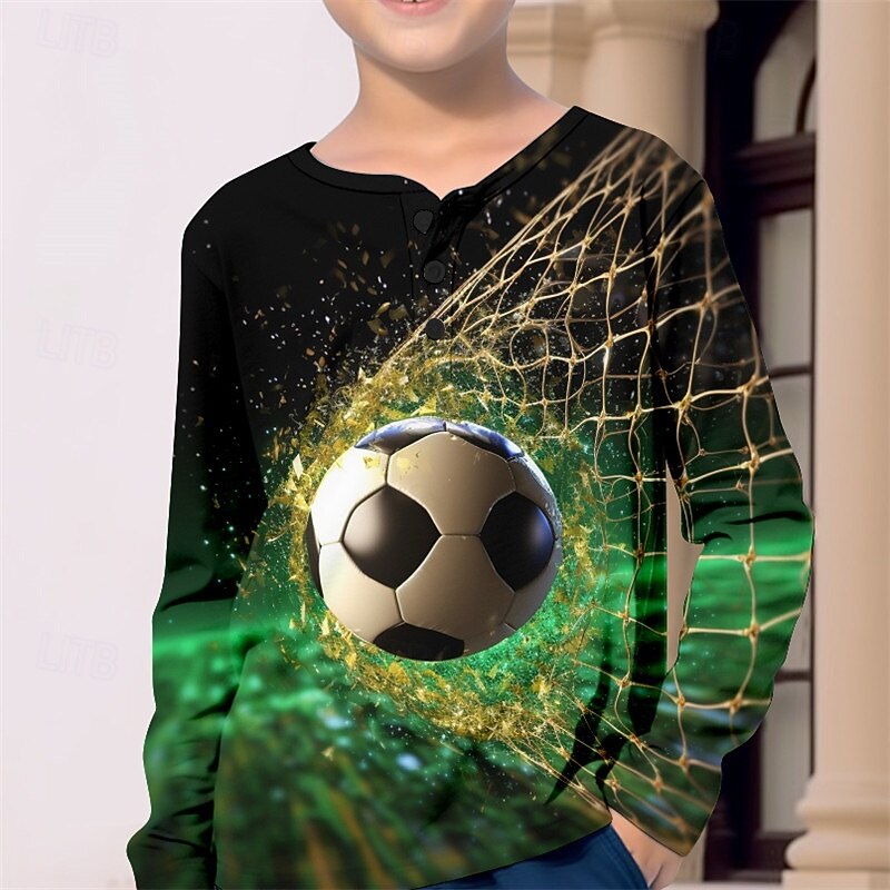 Boys 3D Football Henley Shirt Long Sleeve 3D Print Fall Winter Sports Fashion Streetwear Kids 3-12 Years Crew Neck Outdoor Casual Daily Regular Fit