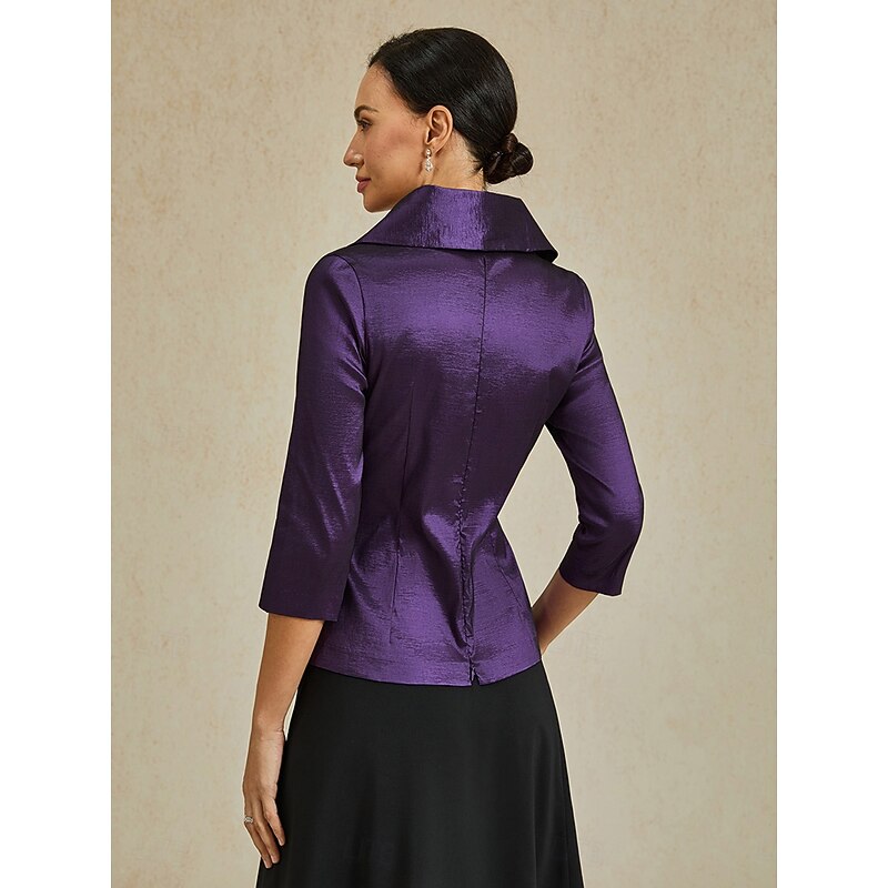 Women's Blouse Evening Tops Solid Color Plain Elegant Metallic Stylish 3/4 Length Sleeve V Neck Regular Tops Wedding Guest Evening Party Semi Formal Tie Front Eggplant Spring, Fall, Winter, Summer3