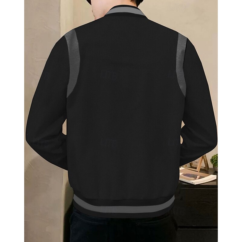 Men's Casual Jacket Varsity Jacket Vacation Daily Breathable Pocket Spring Fall Color Block Fashion Classic Stand Collar Regular Black Blue Gray Jacket4