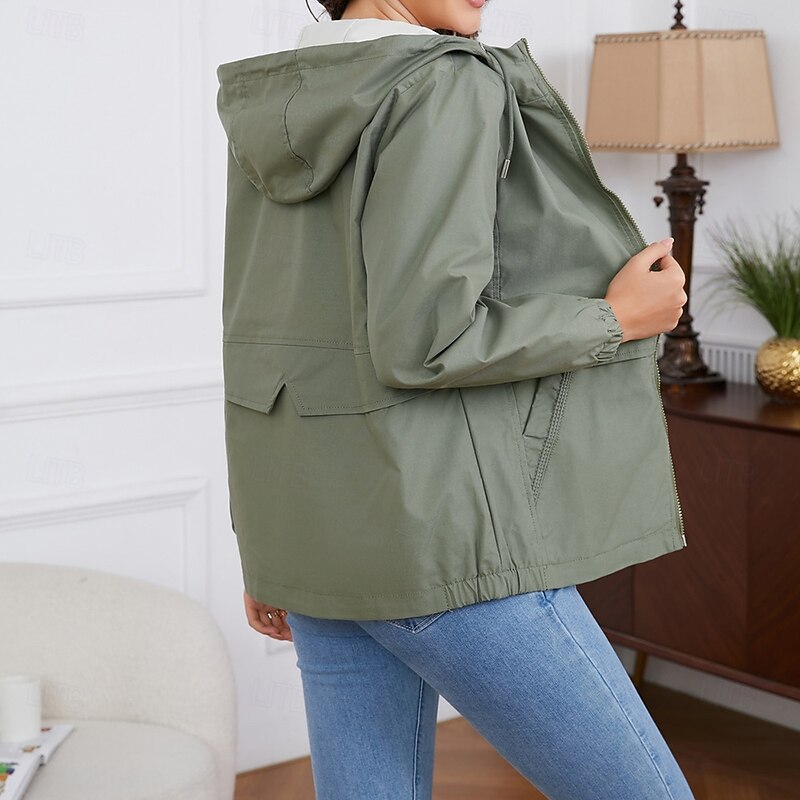 Women's Coat Comfortable Full Zip Fashion Street Style Plain Outdoor Casual Daily Regular Hooded Regular Fit Long Sleeve Outerwear Black Yellow Burgundy Spring Fall4