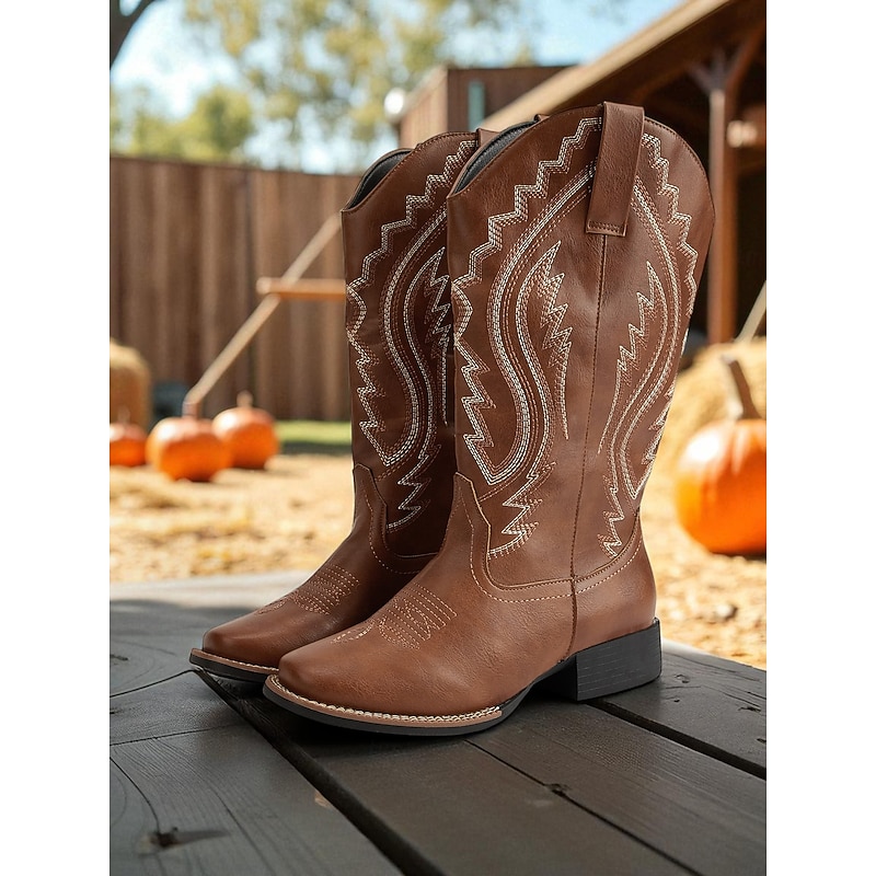 Women's Western Cowboy Boots with Embroidered Stitching – Faux Leather Mid-Calf Boots for Fall Festivals, Farm Work & Country Outfits