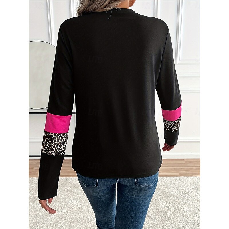 Women's T shirt Crew Neck Long Sleeve Tunic Graphic Leopard Color Block Vintage Stylish Casual  Regular Tops Daily Print Pink Fall2