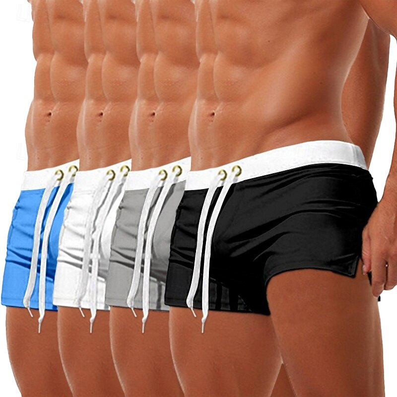 4pcs Men's Swim Trunks Swim Shorts Board Shorts Beach Shorts Elastic Waist Drawstring Zipper Pocket Solid Color Quick Dry Breathable Knee Length Casual Daily Beach Vacation Fashion Bue Black Orange3