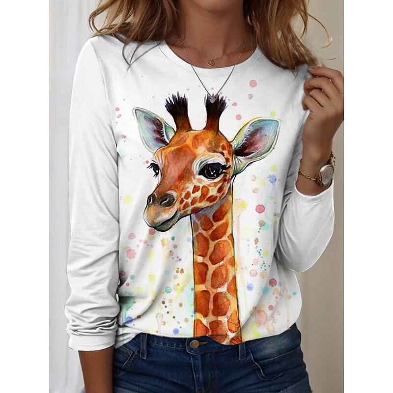 Women's T shirt Crew Neck Long Sleeve Tunic Graphic Animal Giraffe Vintage Stylish Modern  Regular Tops Daily Weekend Print Yellow Light Brown Blue Brown Green Fall3