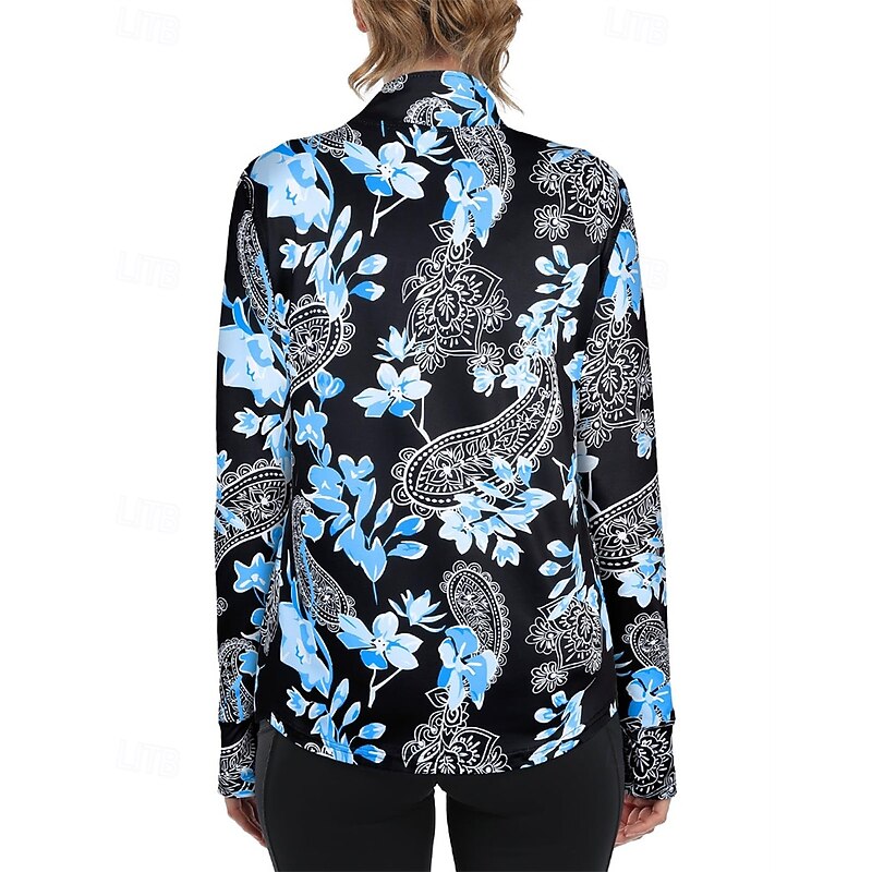 Women's Floral Botanical Golf Polo Shirt Tennis Shirt Long Sleeve Print Quarter Zip Pullover UV Protection Elastic Breathable Tennis Golf Pickleball Zip Collar Shirt Polo Blue Tennis Clothing2