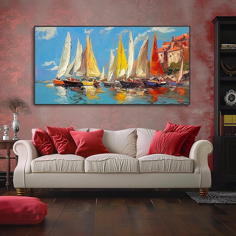 Mintura Handmade Boat Landscape Oil Paintings On Canvas Modern Wall Art Decoration Abstract Dock Picture For Home Decor Rolled Frameless Unstretched Painting3