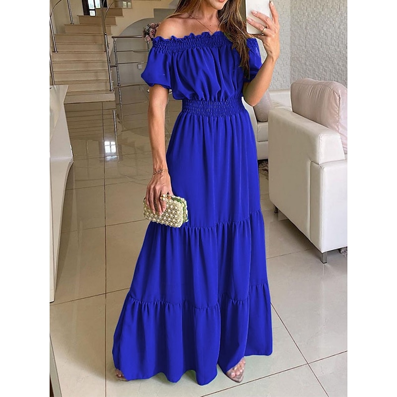 Women's Long Dress Maxi Dress Cocktail Dress Wedding Guest Dress Chiffon Swing Dress Fashion Modern Outdoor Vacation Daily Regular Fit Plain Short Sleeve Off Shoulder Yellow Blue Fuchsia Green Summer