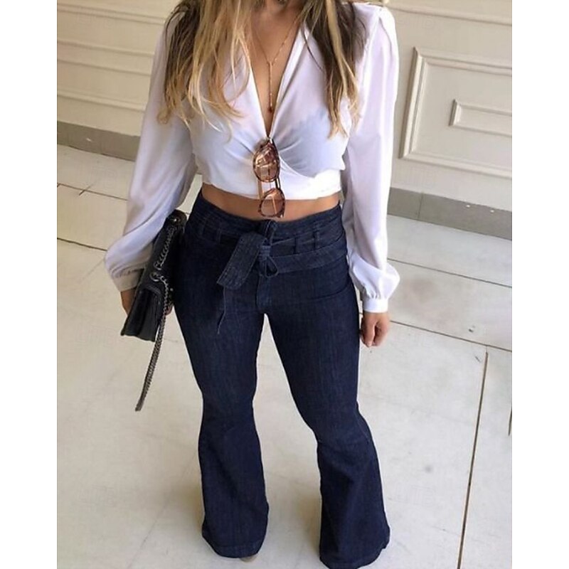 Women's Wide Leg Bell Bottom Slacks Streetwear Casual Full Length Natural Plain Elastic Waist Comfortable Vacation Going out Lake Blue Black Blue Fall Regular Fit4