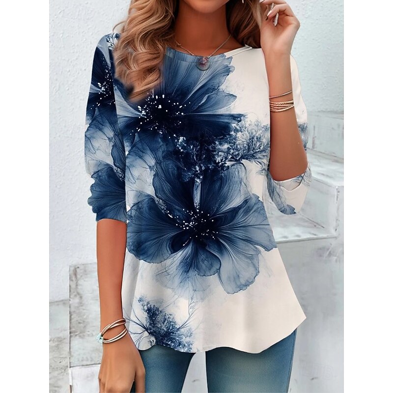 Women's T shirt Long Sleeve Crew Neck Long Sleeve Tunic Graphic Geometric Rose Vintage Stylish Classic Round Neck Regular Tops Daily Print Blue Purple Brown Gray Spring Fall Prefall4
