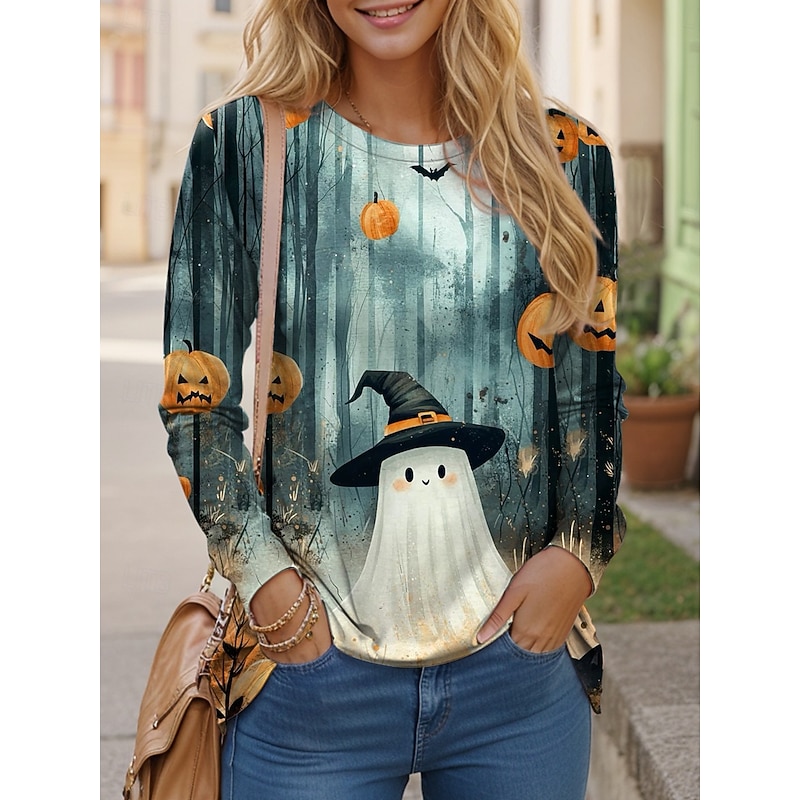 Halloween Women's T shirt Ghost Long Sleeve Crew Neck Long Sleeve Tunic Graphic Vintage Stylish Classic Regular Tops Daily Weekend Print Blue Purple Green Spring Fall Prefall